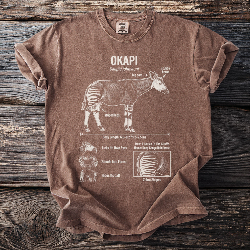 Brown t-shirt with white okapi diagram, detailing its features and habitat information.