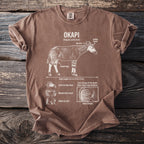 Brown t-shirt with white okapi diagram, detailing its features and habitat information.