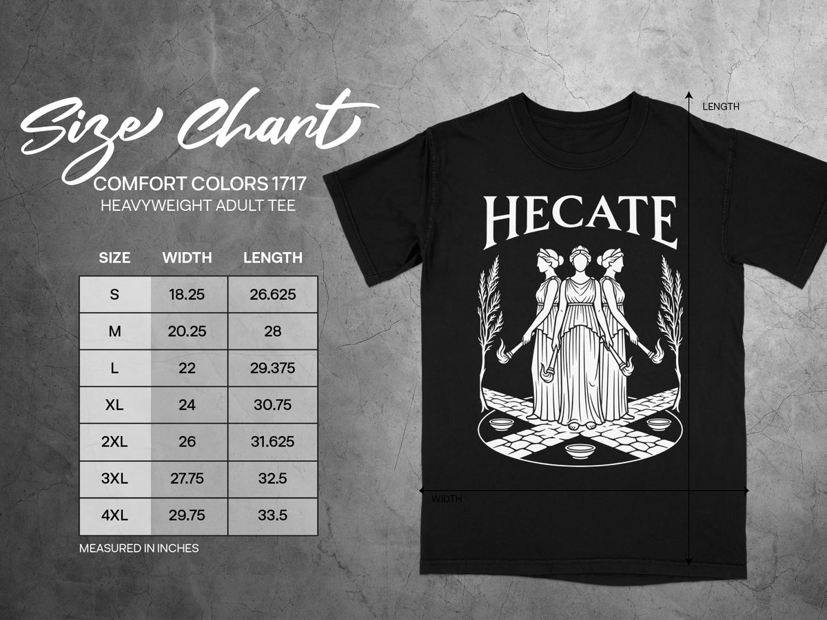 Size chart for a black Comfort Colors 1717 heavyweight adult tee with Hecate graphic.