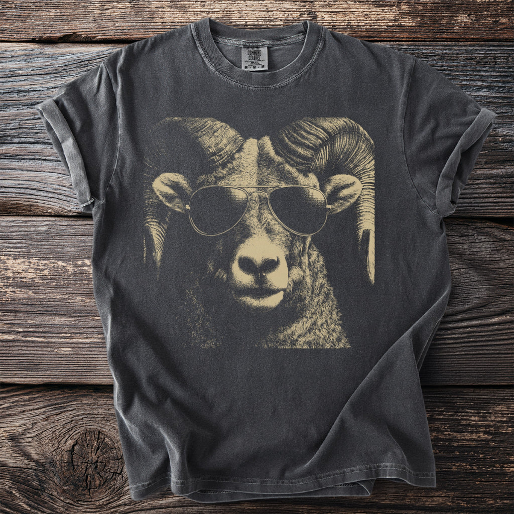 Dark grey t-shirt with a graphic of a ram wearing aviator sunglasses.