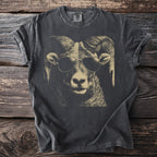 Dark grey t-shirt with a graphic of a ram wearing aviator sunglasses.