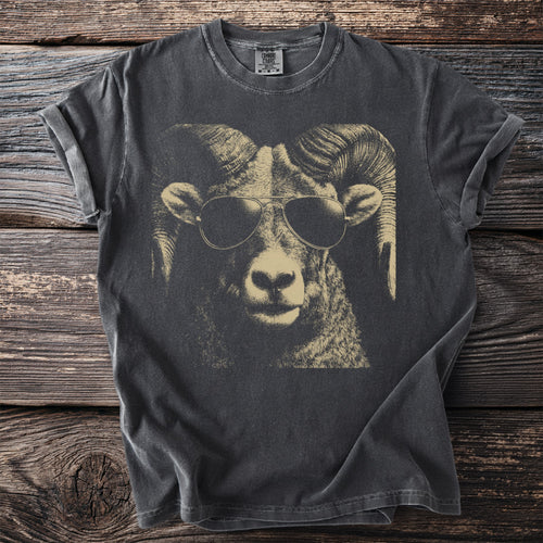 Dark grey t-shirt with a graphic of a ram wearing aviator sunglasses.