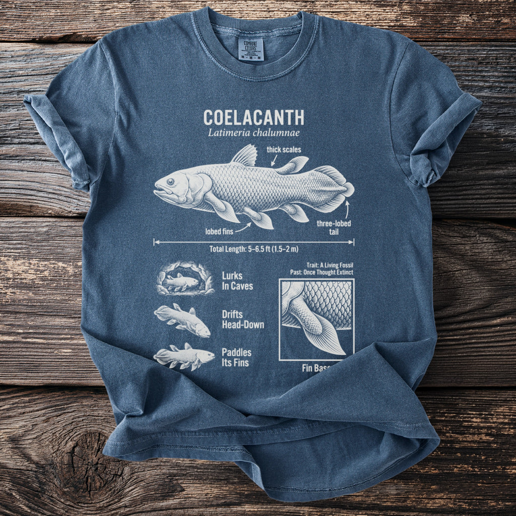 Blue t-shirt with a Coelacanth diagram, including its scientific name and measurements.