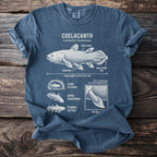 Blue t-shirt with a Coelacanth diagram, including its scientific name and measurements.
