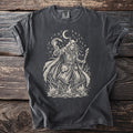 Dark gray t-shirt showing Loki with a fox, serpent, runes, and fire.