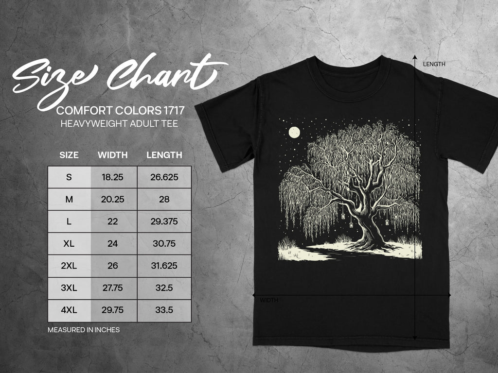 Comfort Colors 1717 heavyweight adult tee size chart with detailed measurement table.