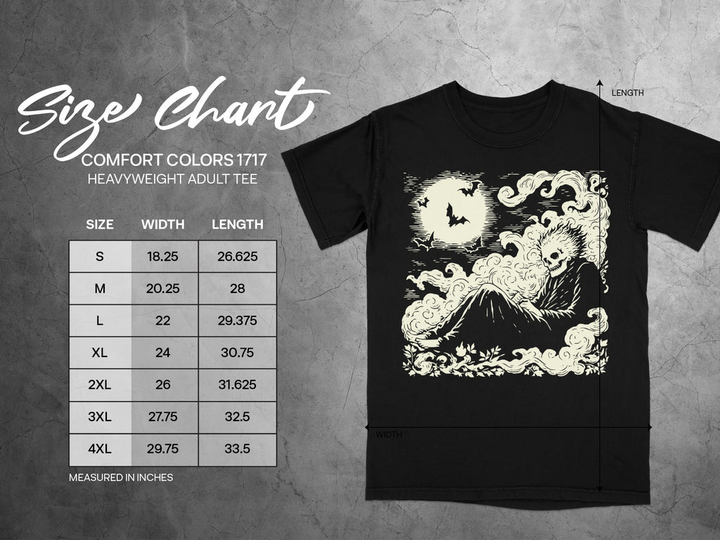 Comfort Colors 1717 heavyweight adult tee size chart with graphic.