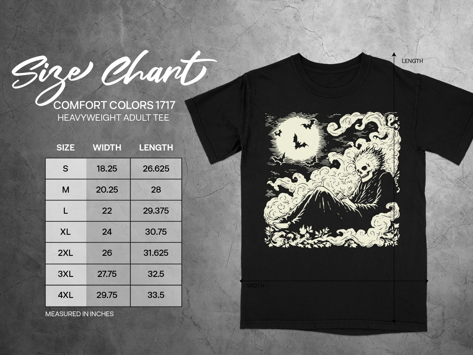 Comfort Colors 1717 heavyweight adult tee size chart with graphic.
