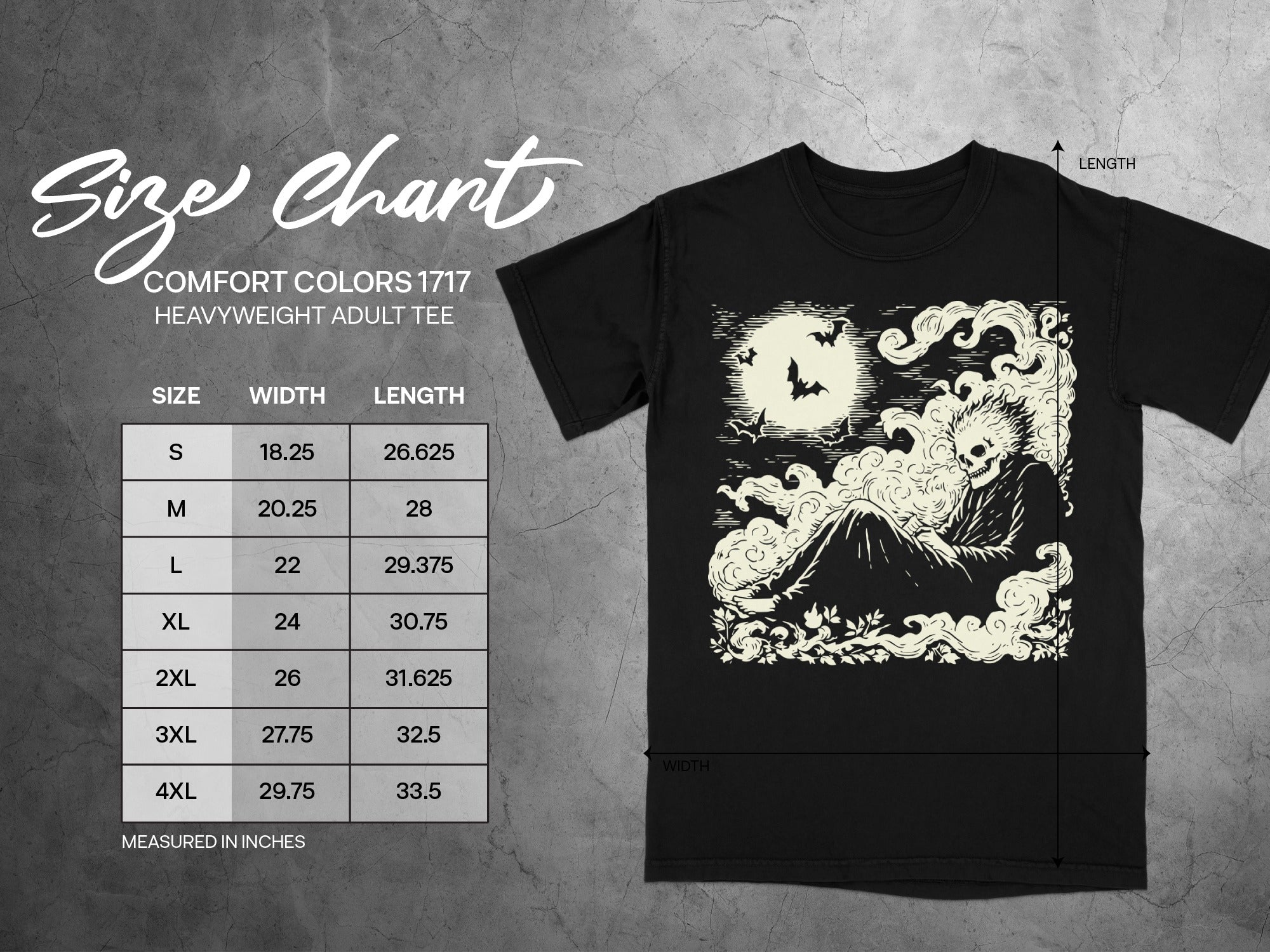 Comfort Colors 1717 heavyweight adult tee size chart with graphic.