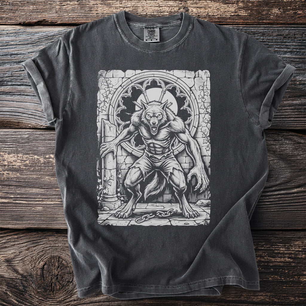 Werewolf illustration on charcoal gray t-shirt with Comfort Colors tag visible.