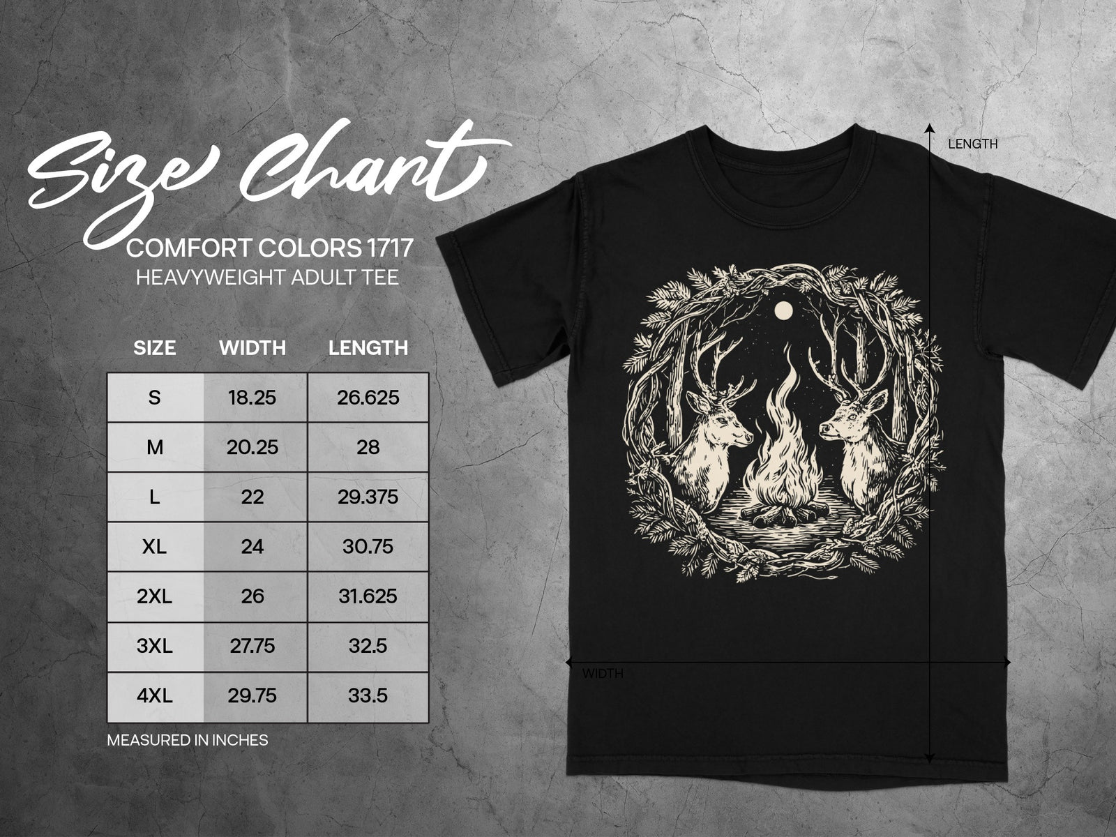 Comfort Colors 1717 heavyweight adult tee size chart with deer and campfire graphic.