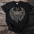 Black t-shirt with cream dragonfly, crescent moon, and floral design.