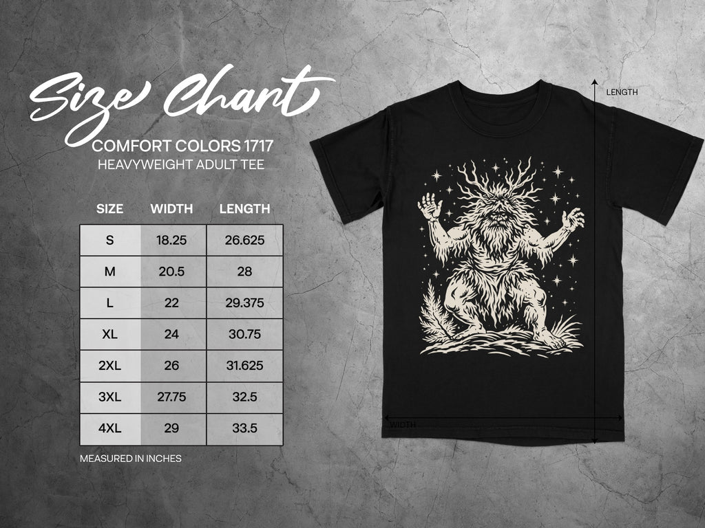 Comfort Colors 1717 heavyweight adult tee size chart with width and length measurements in inches.