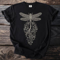 Black t-shirt with cream-colored dragonfly and floral design on chest.