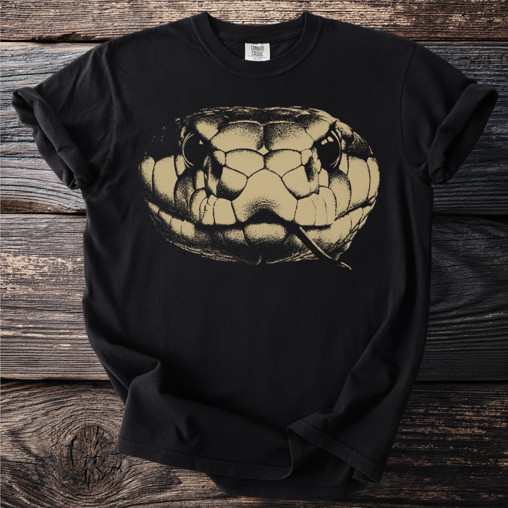 Black t-shirt with a close-up of a tan snake's head and tongue.
