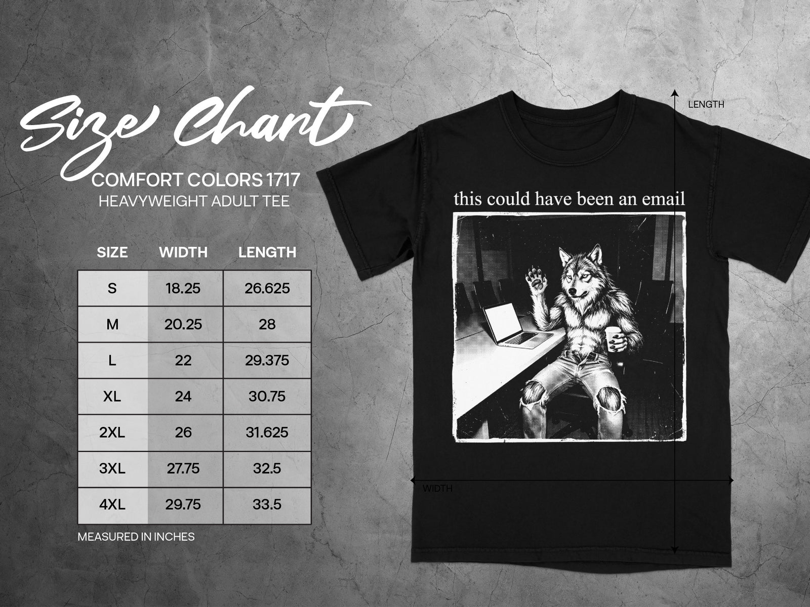 Black t-shirt with size chart and graphic of a wolf man with text "this could have been an email."