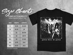Black t-shirt features a size chart and a graphic of girls in a cornfield at night.