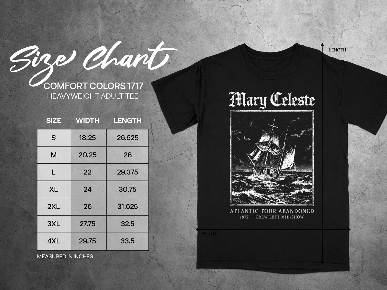 Black t-shirt featuring a size chart and "Mary Celeste" ship graphic.