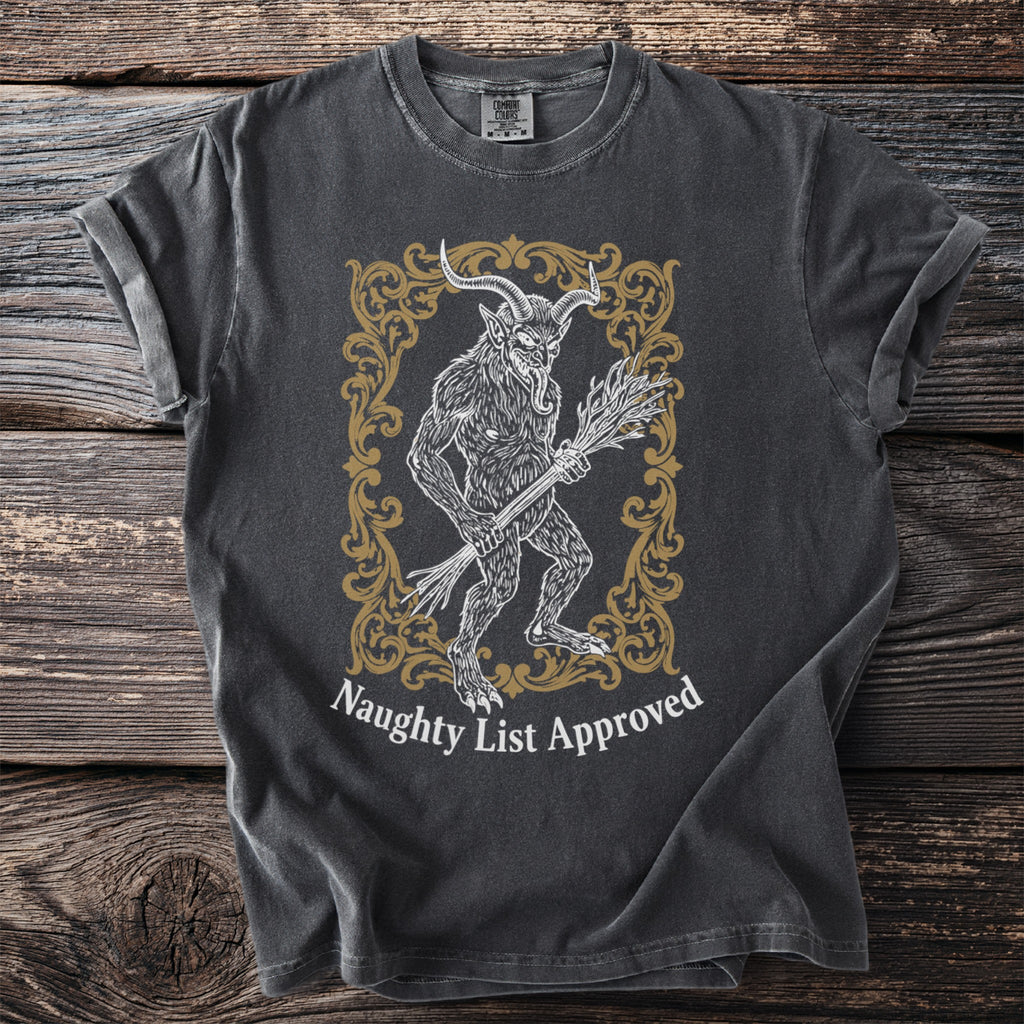 Dark gray t-shirt with a Krampus illustration and "Naughty List Approved" text.