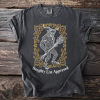 Dark gray t-shirt with a Krampus illustration and "Naughty List Approved" text.