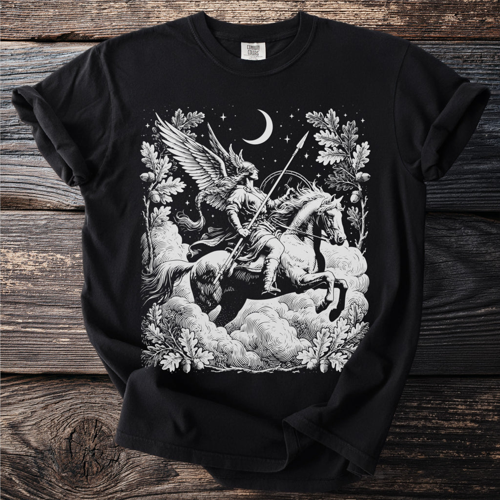 Winged warrior on horseback with spear and moon, surrounded by oak leaves.