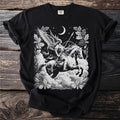 Winged warrior on horseback with spear and moon, surrounded by oak leaves.