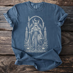 T-shirt with Valkyrie holding spear and shield, surrounded by ravens, moon, and skulls.