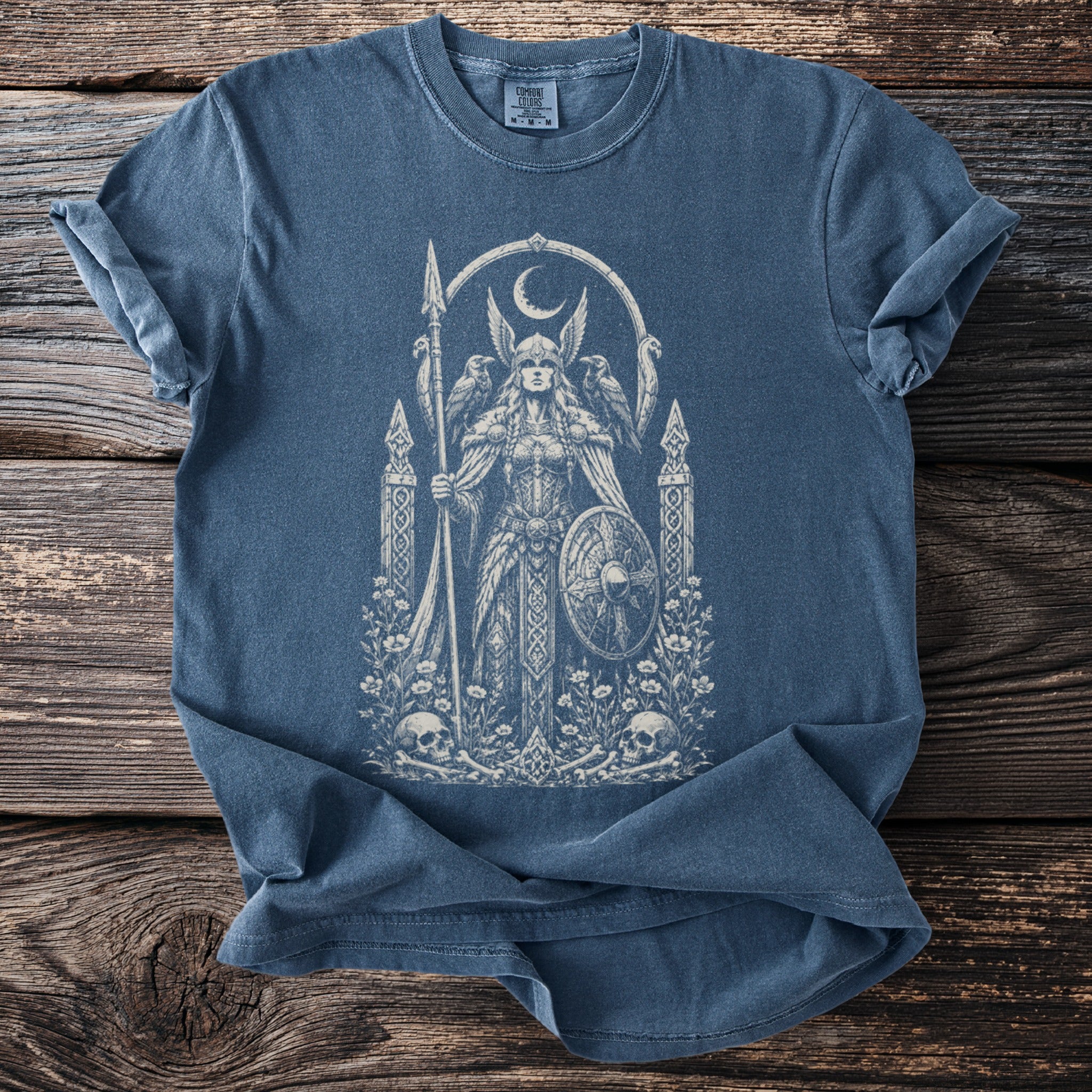 T-shirt with Valkyrie holding spear and shield, surrounded by ravens, moon, and skulls.