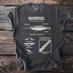 T-shirt with detailed narwhal anatomy diagram, including body length and tusk illustration.