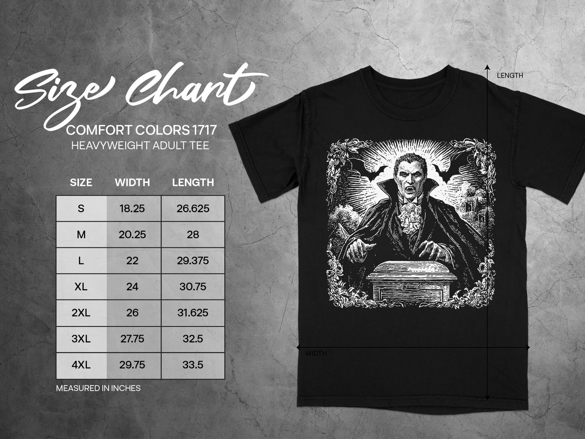 Comfort Colors 1717 heavyweight adult tee size chart with width and length measurements.