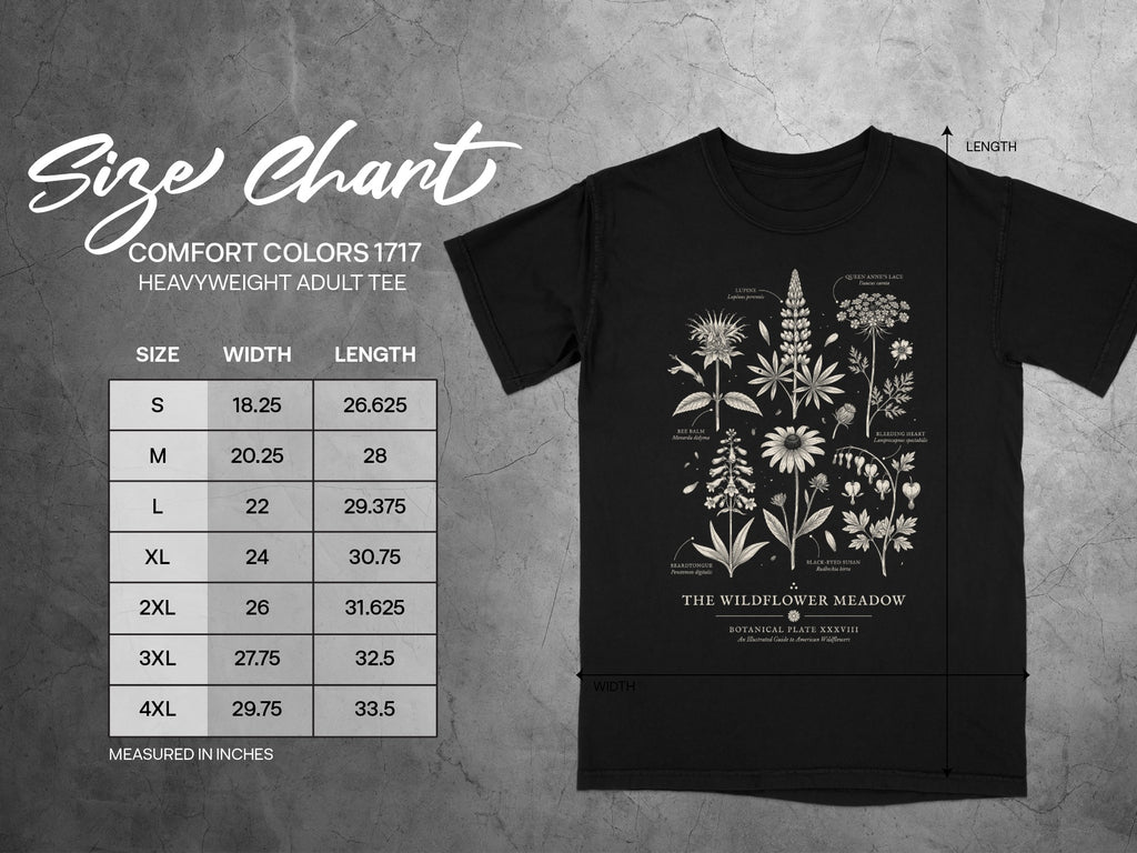 Black t-shirt size chart for Comfort Colors 1717 heavyweight adult tee.