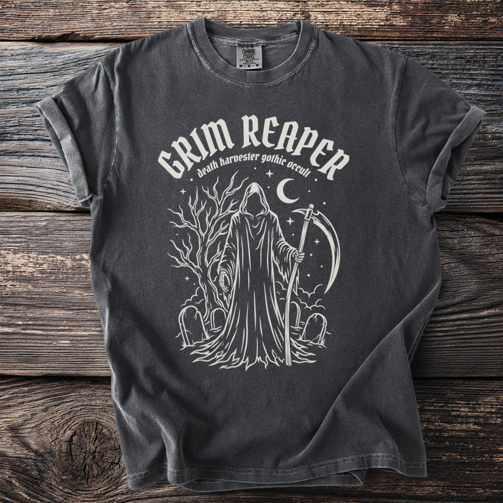 Charcoal grey t-shirt with white Grim Reaper graphic and text.