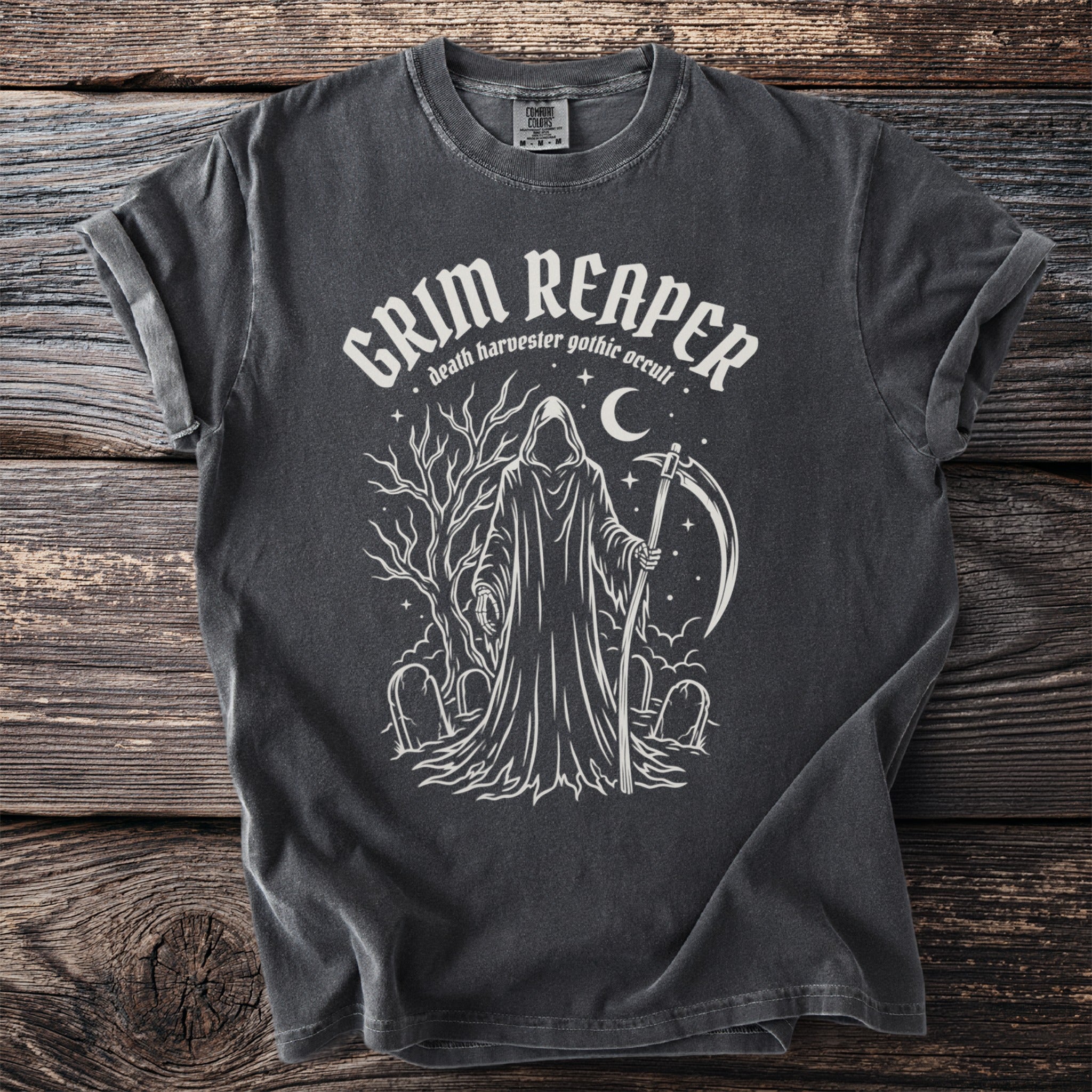 Charcoal grey t-shirt with white Grim Reaper graphic and text.