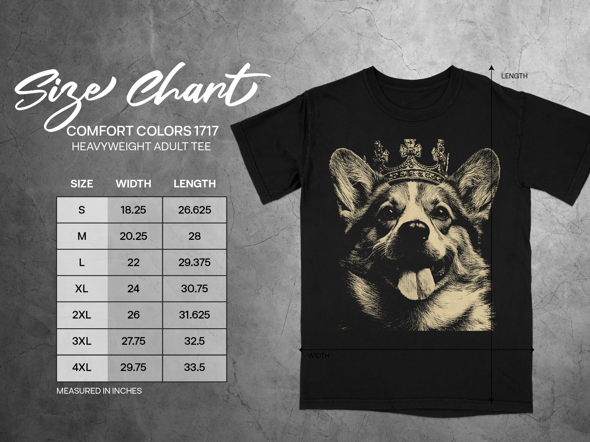 Size chart for Comfort Colors 1717 heavyweight adult tee featuring a corgi with a crown.