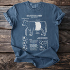 Blue t-shirt with diagram of a belted Galloway cow and text details.