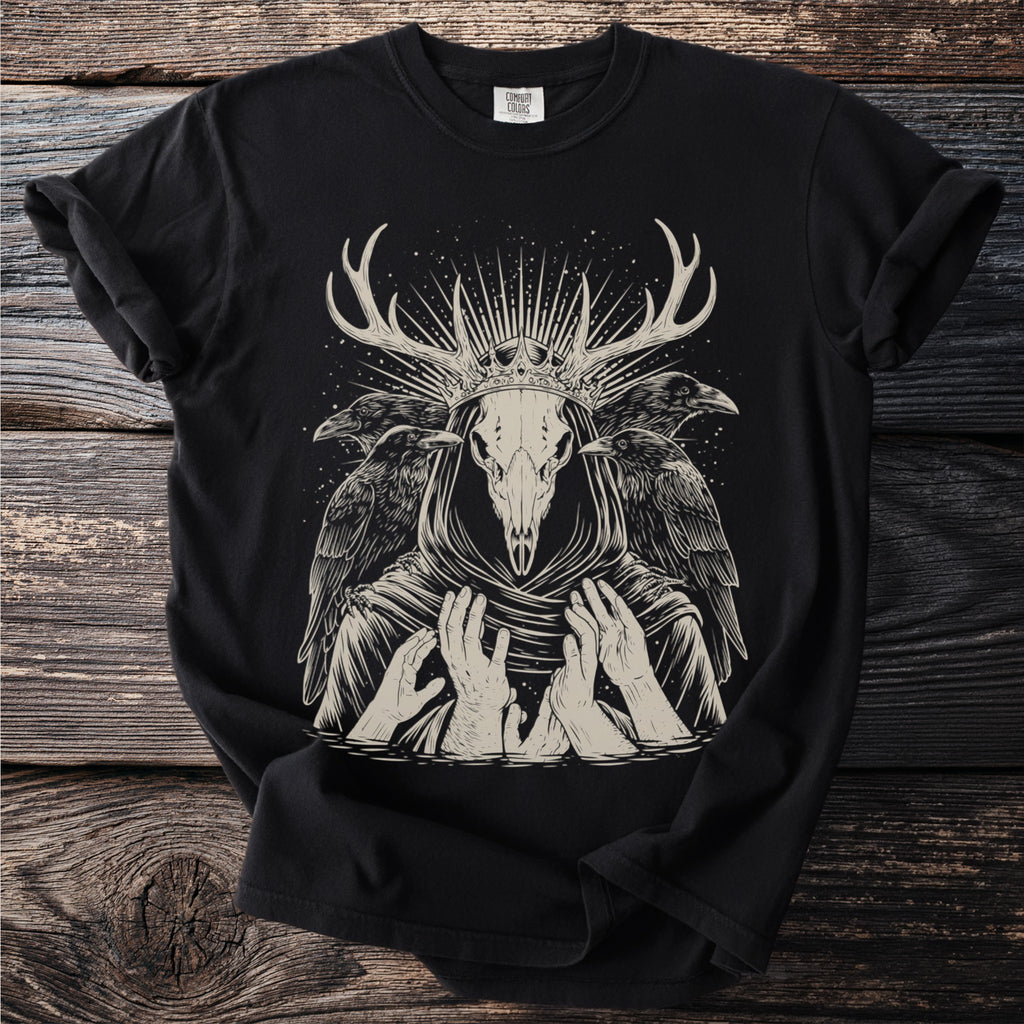 Black t-shirt with skeletal deer skull, ravens, and hands design.
