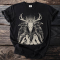 Black t-shirt with skeletal deer skull, ravens, and hands design.
