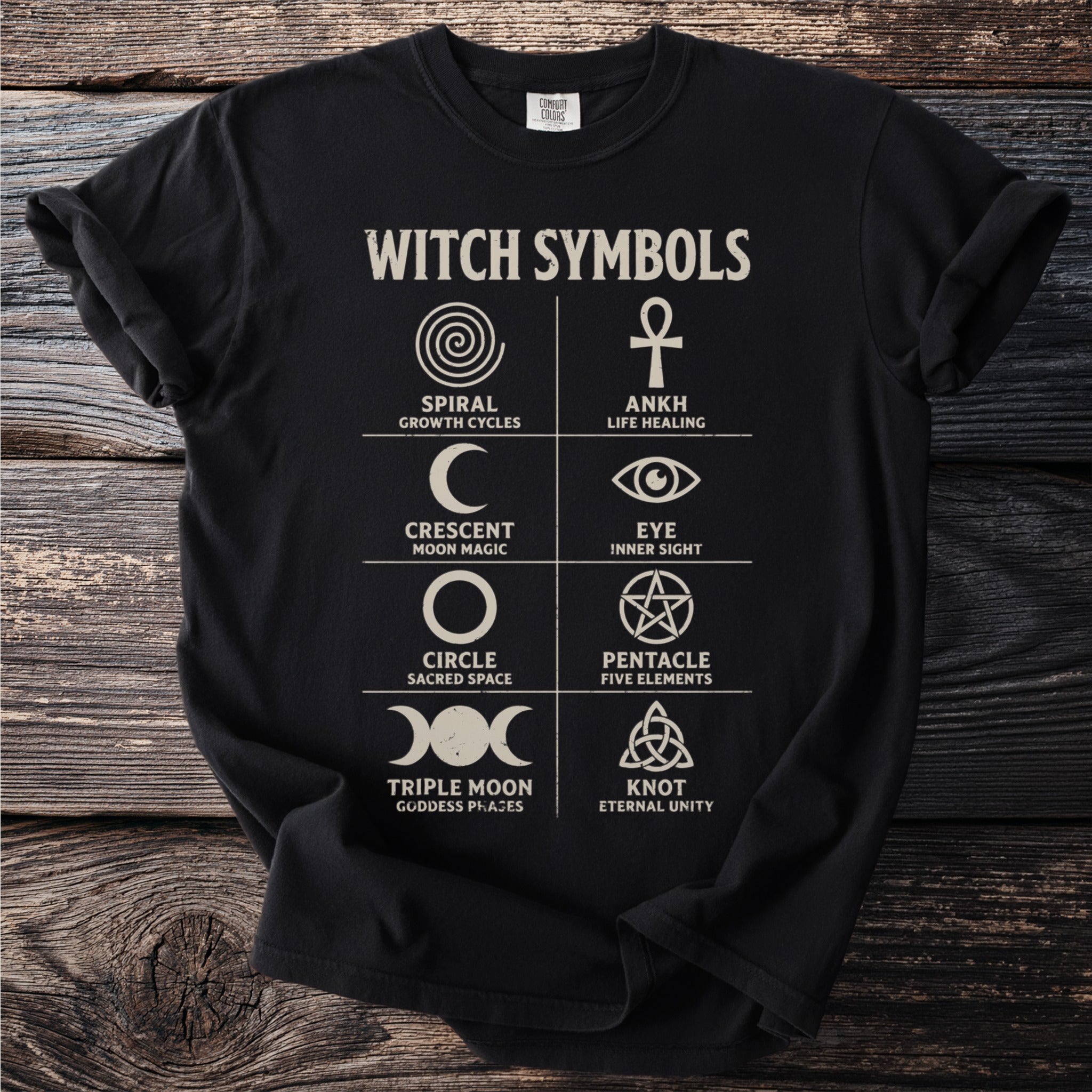Black t-shirt with "Witch Symbols" and eight symbols with descriptions.