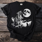 Raccoon howling at the moon on a cliff edge, with a smaller raccoon also howling.