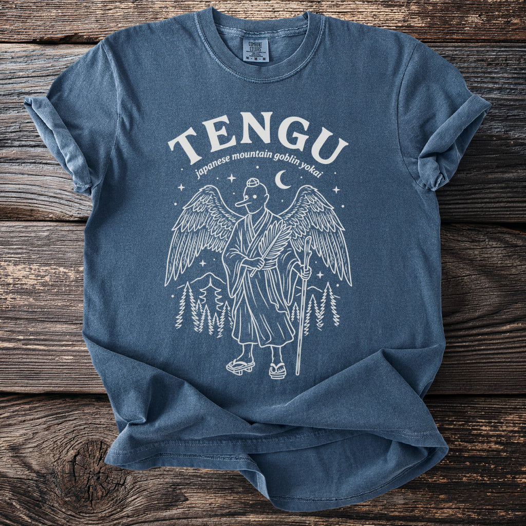 TENGU Japanese mountain goblin yokai design on a blue t-shirt.