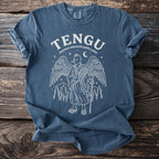 TENGU Japanese mountain goblin yokai design on a blue t-shirt.