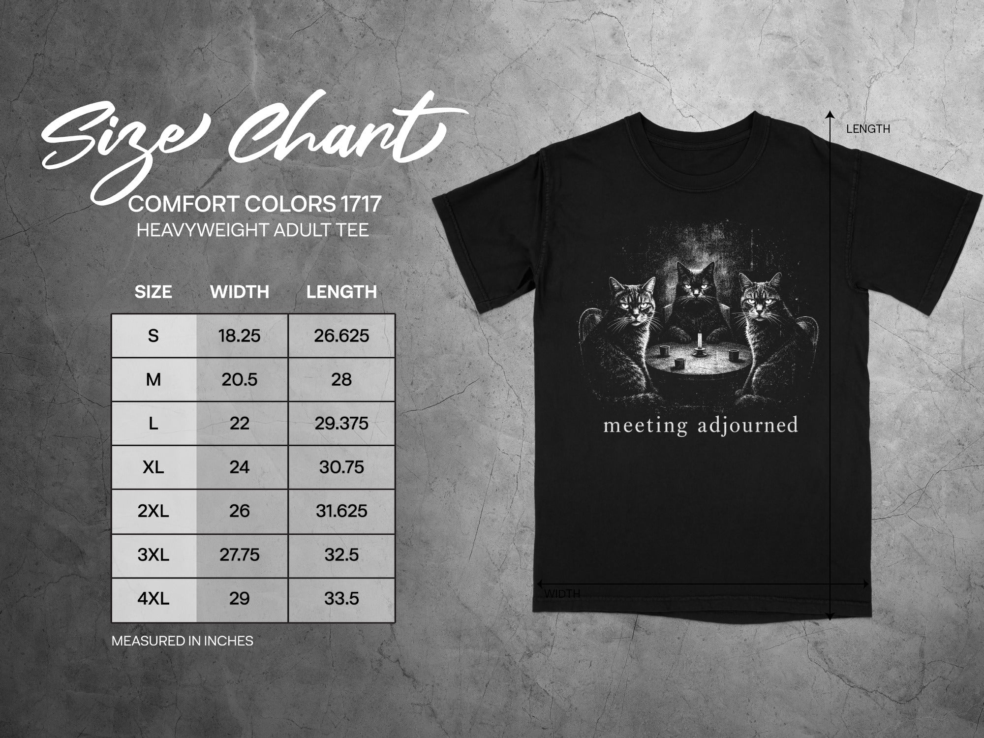 Comfort Colors 1717 heavyweight adult tee size chart with graphic of cats, "meeting adjourned."