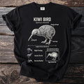 Black t-shirt with detailed Kiwi bird illustration and facts.