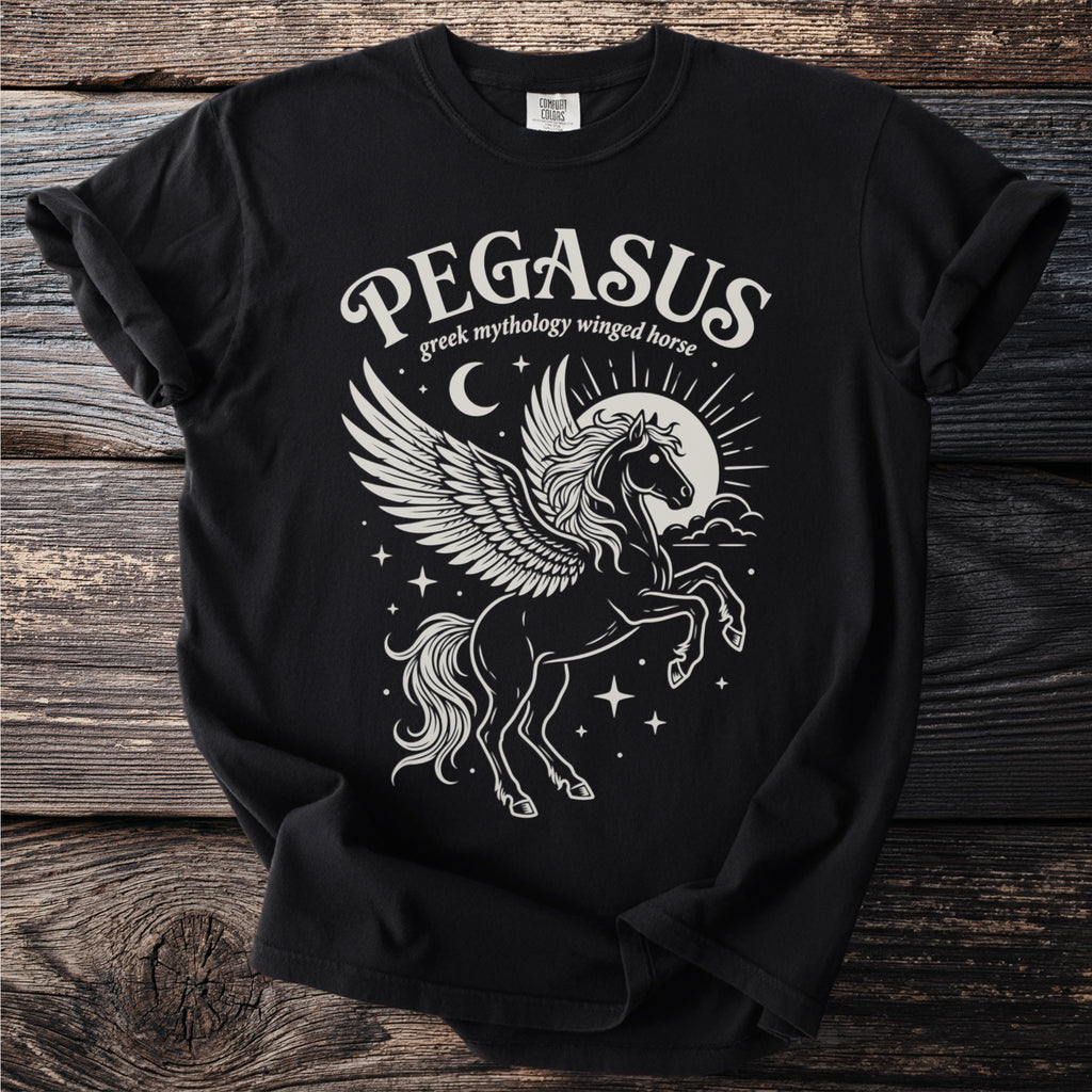 Black t-shirt with Pegasus graphic and "PEGASUS greek mythology winged horse" text.