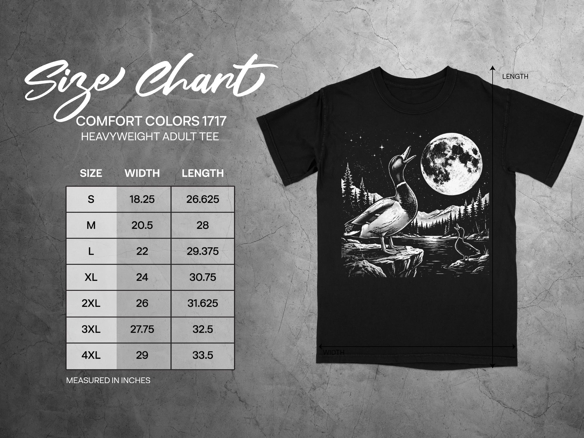 Comfort Colors 1717 heavyweight adult tee size chart with duck graphic.