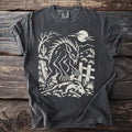Werewolf over a goat in a desert landscape with moon and cactus.
