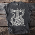 Dark t-shirt with white graphic of a lighthouse being embraced by an octopus.
