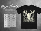 Size chart for Comfort Colors 1717 heavyweight adult tee with deer skull graphic.