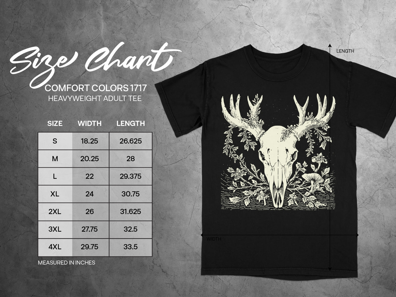 Size chart for Comfort Colors 1717 heavyweight adult tee with deer skull graphic.