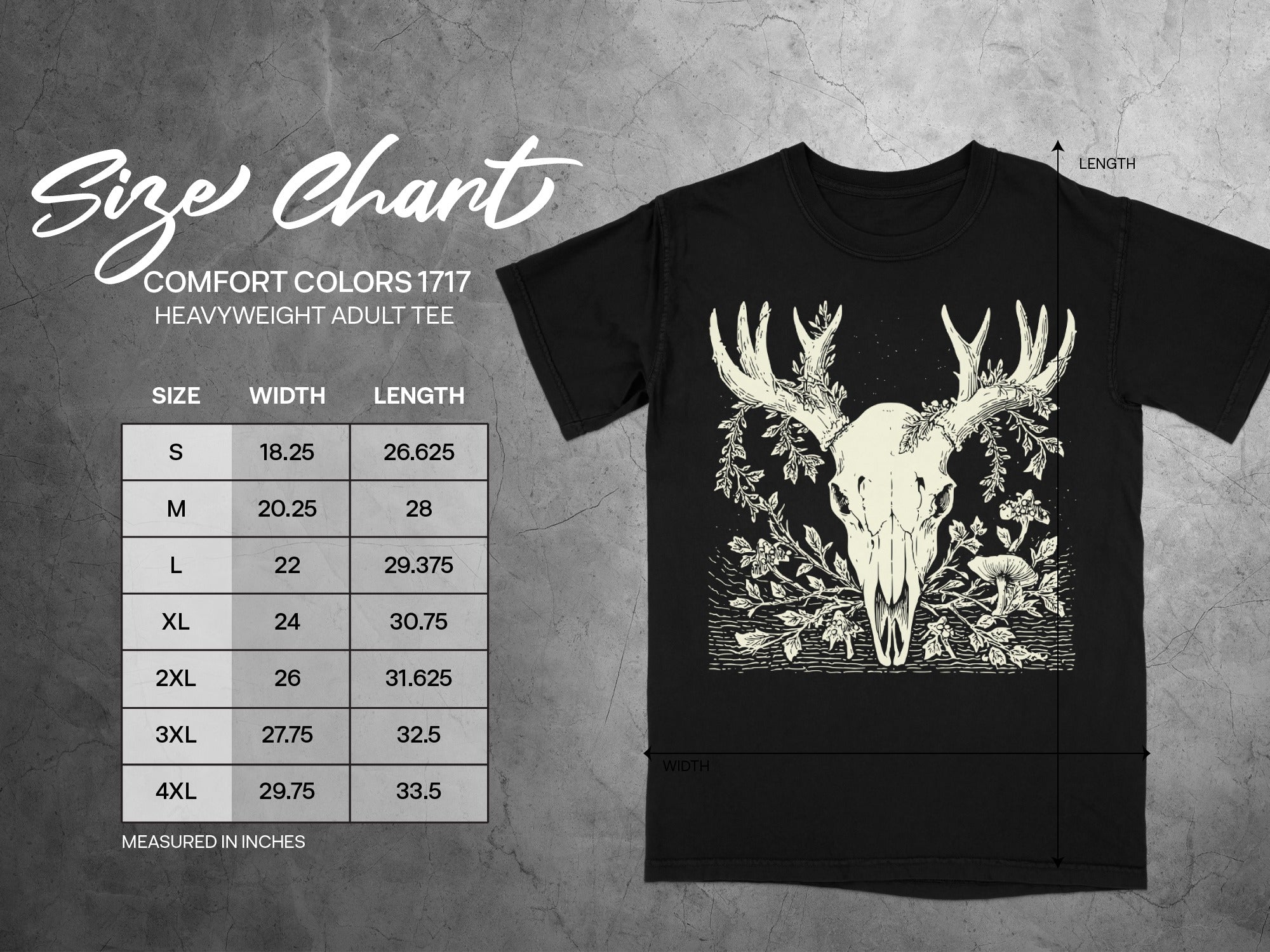Size chart for Comfort Colors 1717 heavyweight adult tee with deer skull graphic.